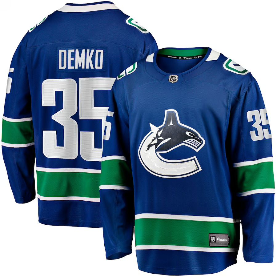 Men Vancouver Canucks #35 Thatcher Demko Fanatics Branded Blue Home Breakaway NHL Jersey